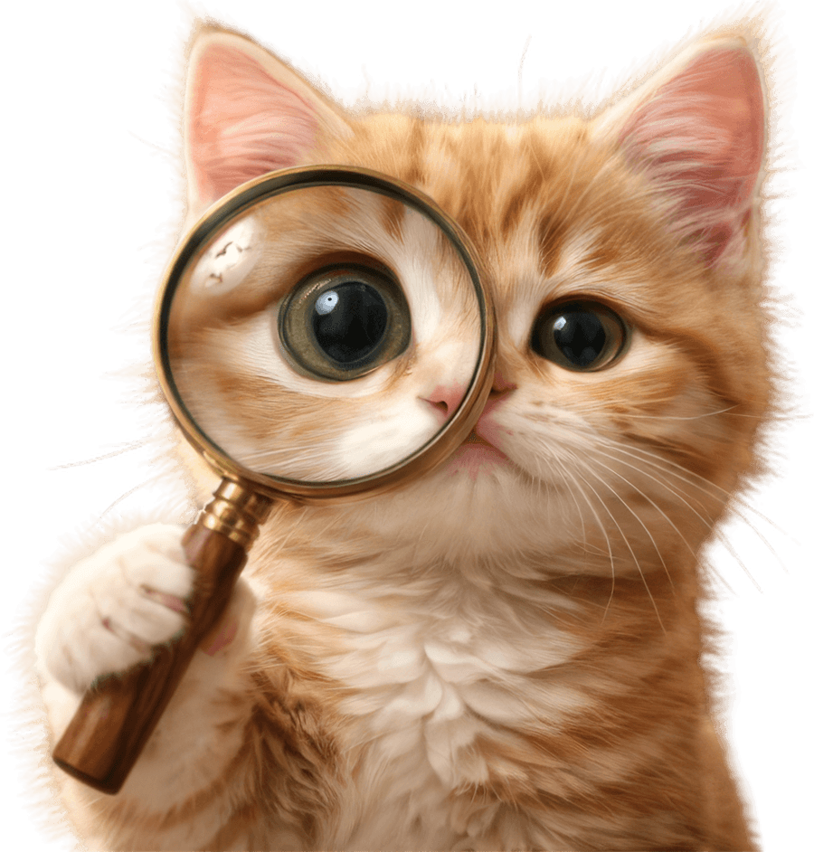 A ginger kitten inspecting ADA cat litter through a magnifying glass