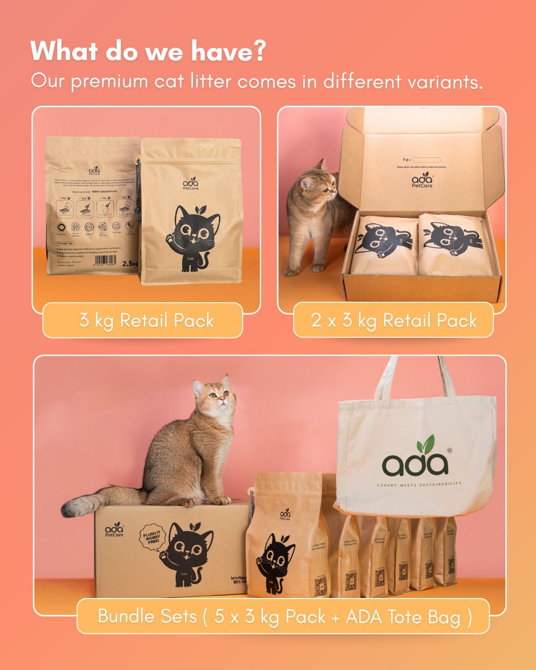 The ADA Pet Care range: 2.5kg retail pack, 7 x 2.5kg retail pack, bundle sets and ADA tote bag