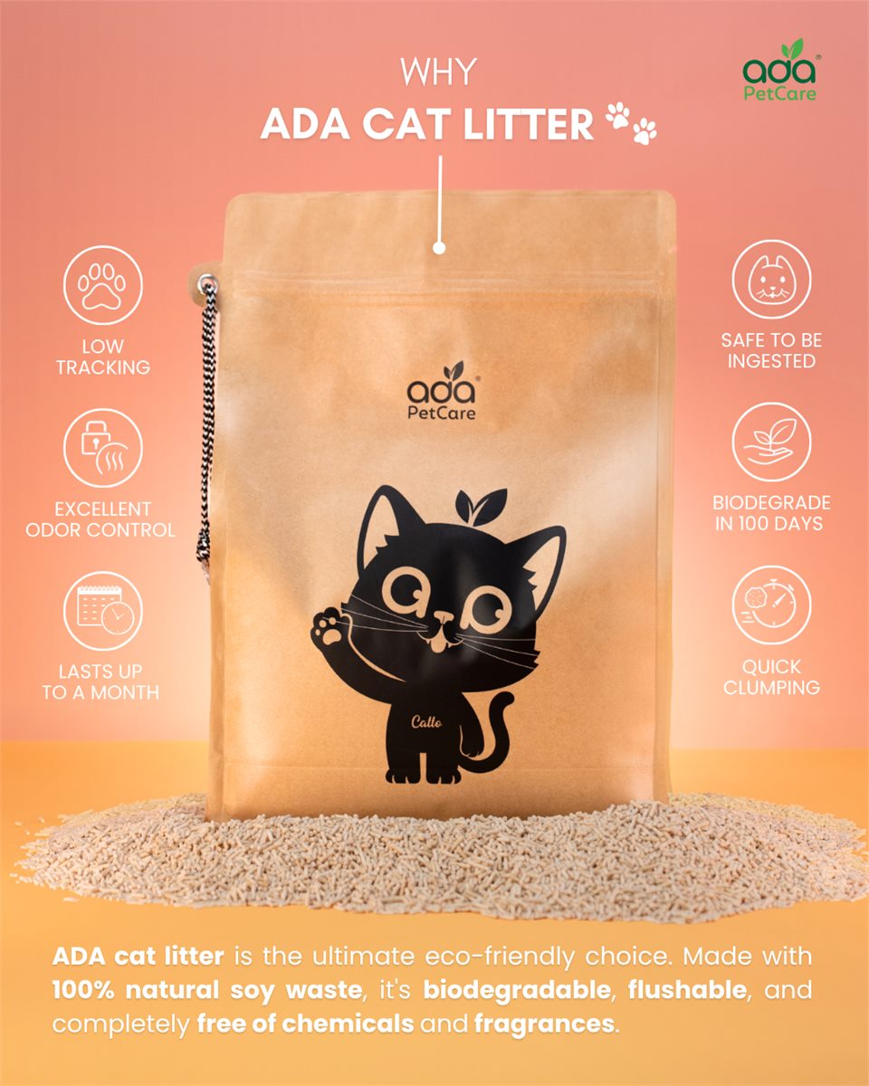 ADA Pet Care tofu cat litter pack surrounded by its ten product benefits: low tracking, no colouring, no bentonite, safe to be ingested, excellent odour control, biodegrade in 100 days, lasts up to a month, quick clumping, no chemical, and no fragrance